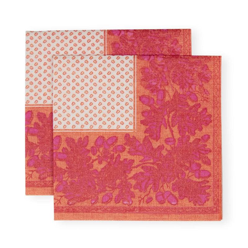 Caspari Oak Leaves & Acorns Paper Linen Cocktail Napkins In Orange & Fuchsia - 15 Per Package
