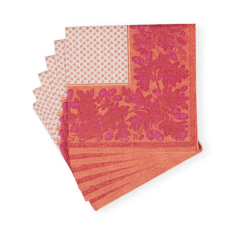 Caspari Oak Leaves & Acorns Paper Linen Cocktail Napkins In Orange & Fuchsia - 15 Per Package