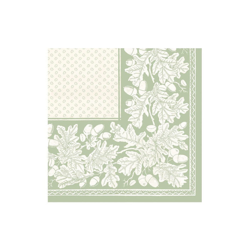 caspari Oak Leaves & Acorns Sage Green & Ivory Boxed Cocktail Napkins - 30 Per Package