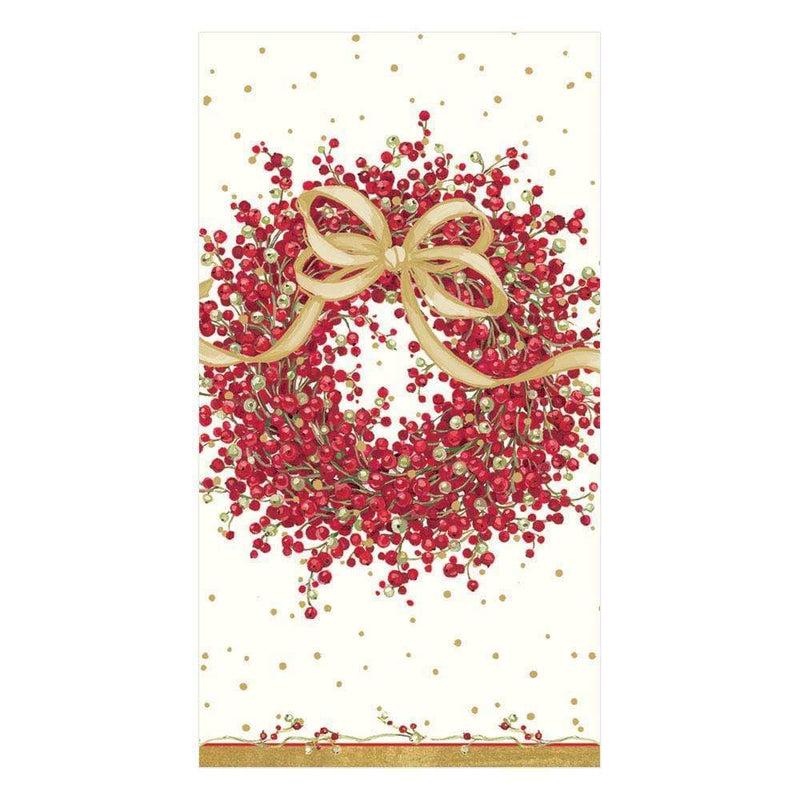 Caspari Pepperberry Wreath Guest Towel Napkins & Gold Lacquer Holder Gift Set