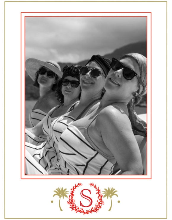 caspari Personalized Coral & Palm Crest Single Initial Foil Holiday Photo Cards - Portrait