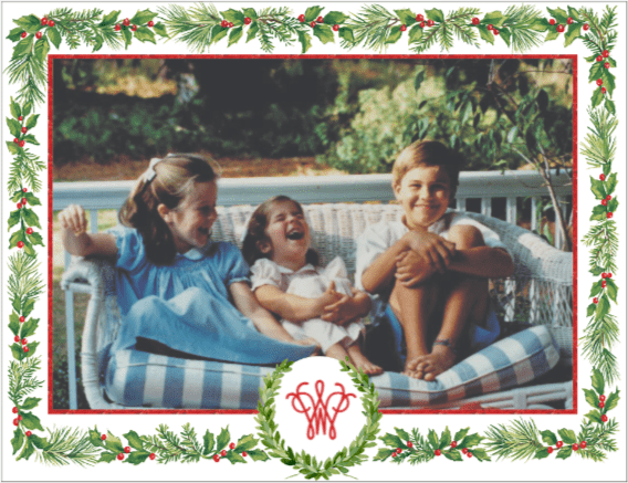 caspari Personalized Greenery Border Monogram Crest Holiday Photo Cards - Landscape