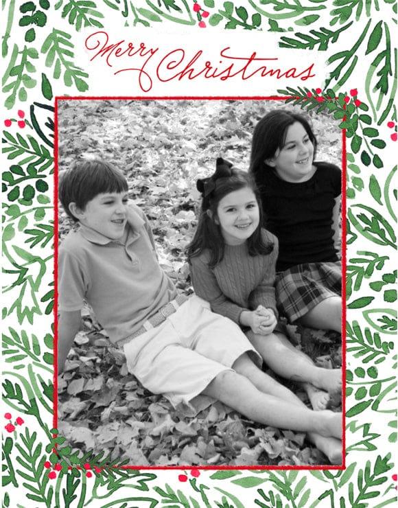 caspari Personalized Painted Greenery Merry Christmas Holiday Photo Cards - Portrait
