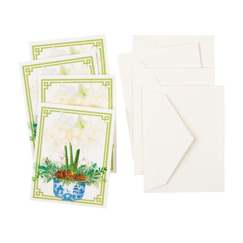 Caspari Potted Amaryllis Gift Enclosure Cards In Gold Foil - 4 Mini Cards & 4 Envelopes