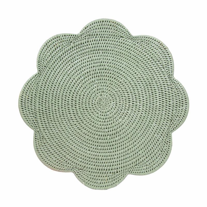 caspari Rattan Scalloped Round Placemat in Green - 1 Placemat