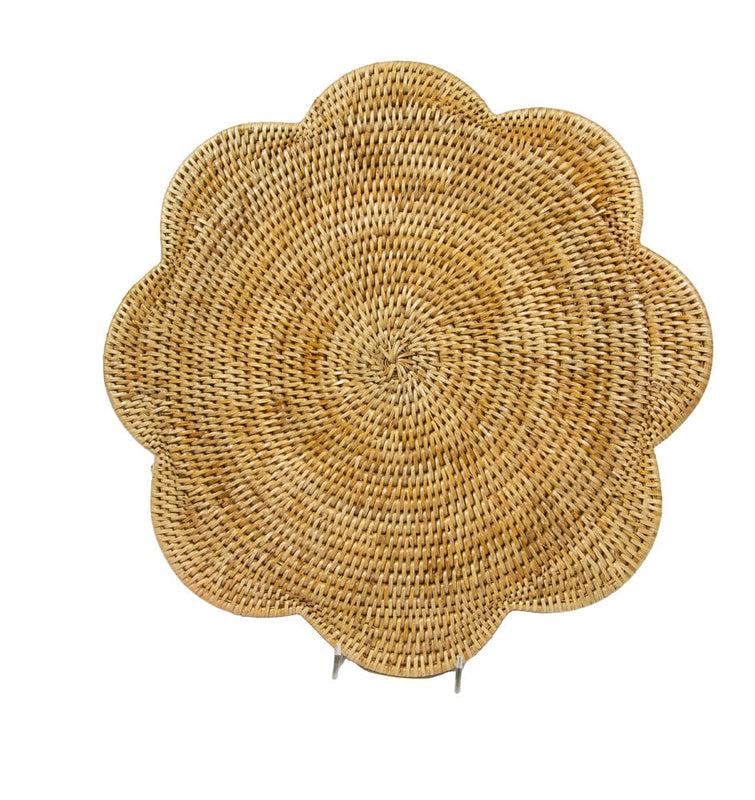 Caspari Rattan Scalloped Round Placemat In Honey - 1 Placemat