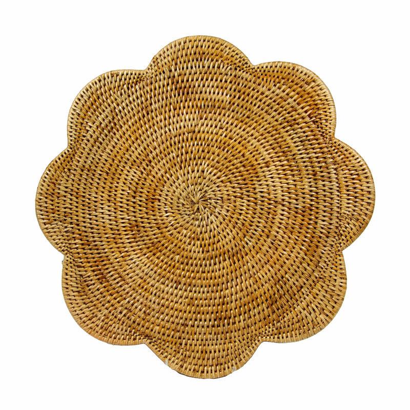caspari Rattan Scalloped Round Placemat in Honey - 1 Placemat