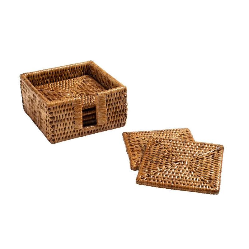 Caspari Rattan Square Coasters & Holder In Dark Natural - Set Of 6