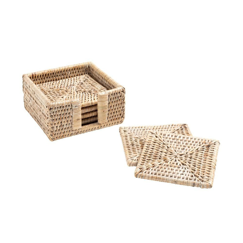 Caspari Rattan Square Coasters & Holder In White Natural - Set Of 6