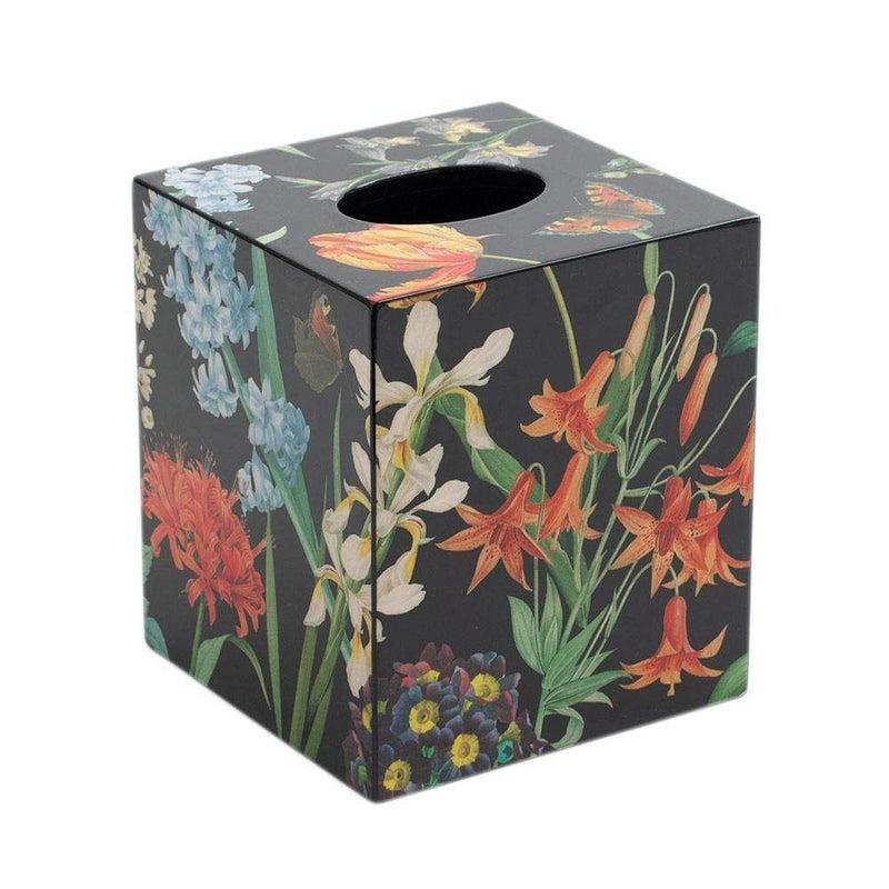 Caspari Redouté Floral Lacquer Tissue Box Cover In Black - 1 Each