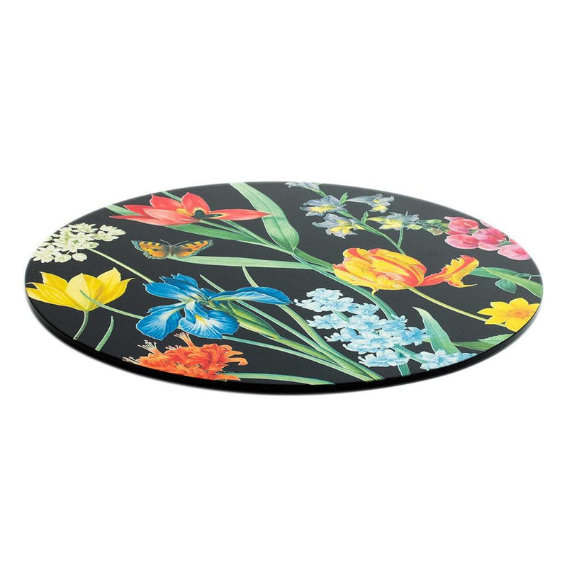 Caspari Redouté Floral Round Lacquer Placemat In Black - 1 Each