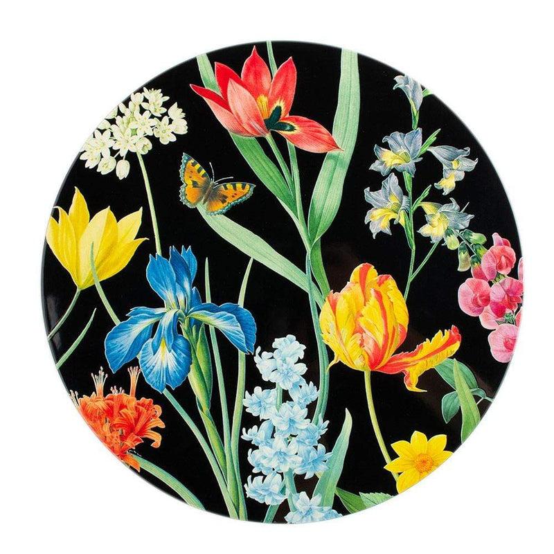 caspari Redouté Floral Round Lacquer Placemat in Black - 1 Each