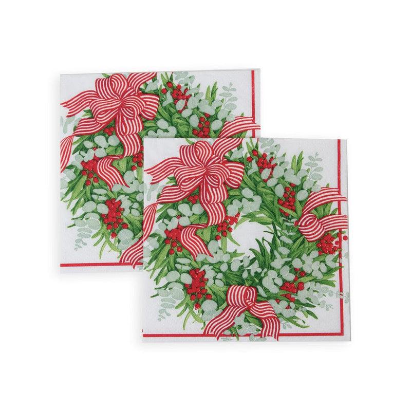 Caspari Ribbon Stripe Wreath Cocktail Napkins - 20 Per Package