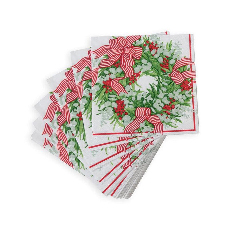 Caspari Ribbon Stripe Wreath Cocktail Napkins - 20 Per Package
