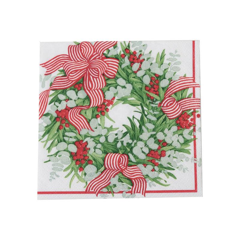 caspari Ribbon Stripe Wreath Cocktail Napkins - 20 Per Package