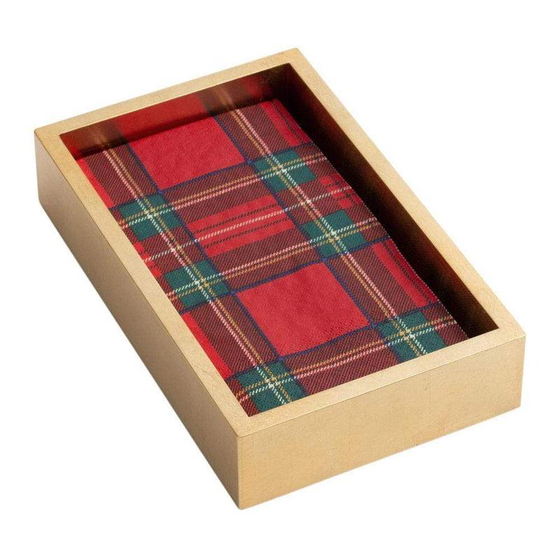 caspari Royal Plaid Guest Towel Napkins & Gold Lacquer Holder Gift Set