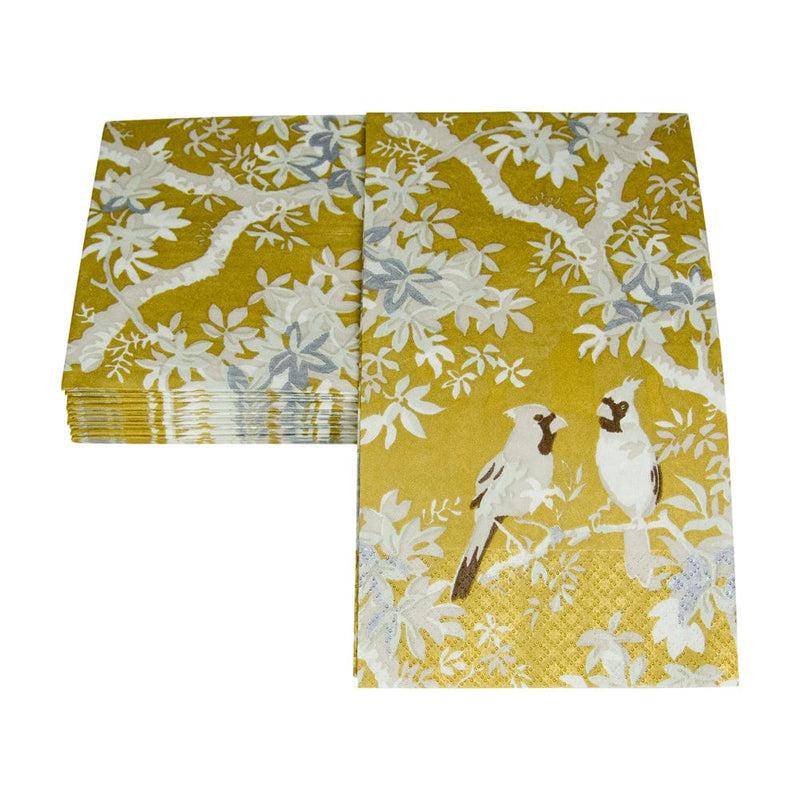 Caspari Scenic Songbirds Gold & Ivory Guest Towel Napkins - 15 Per Package