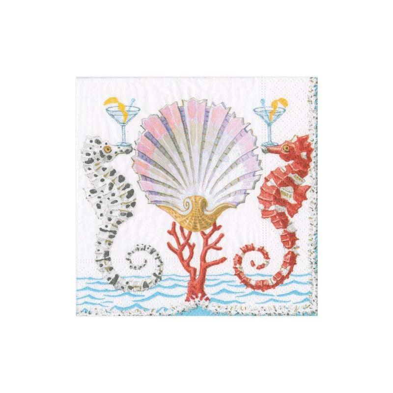 Caspari Seahorses And Shell Paper Cocktail Napkins - 20 Per Package