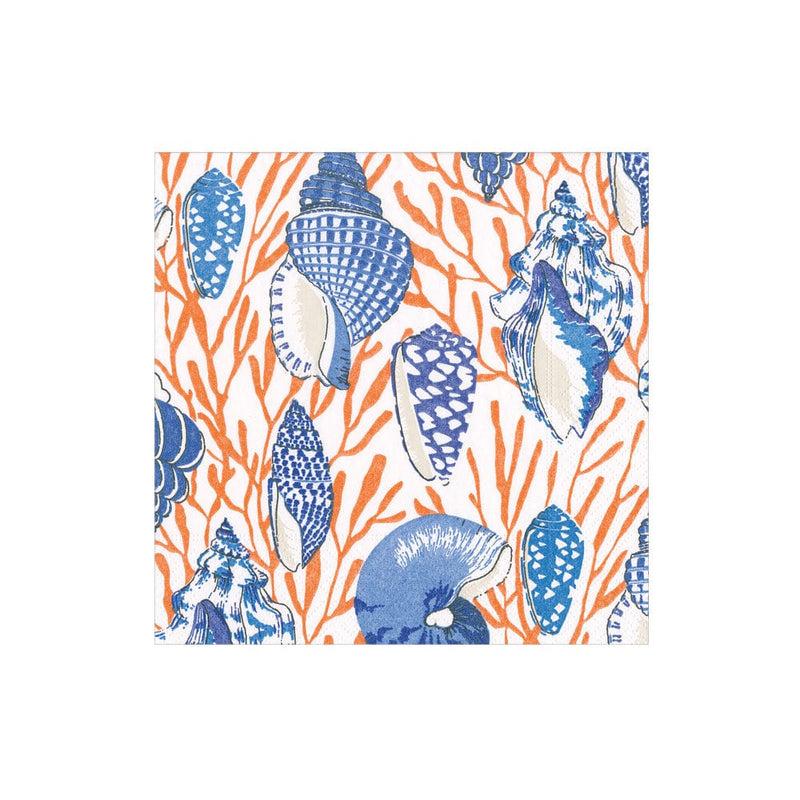 caspari Shell Toile Paper Cocktail Napkins in Coral & Blue - 20 per Package