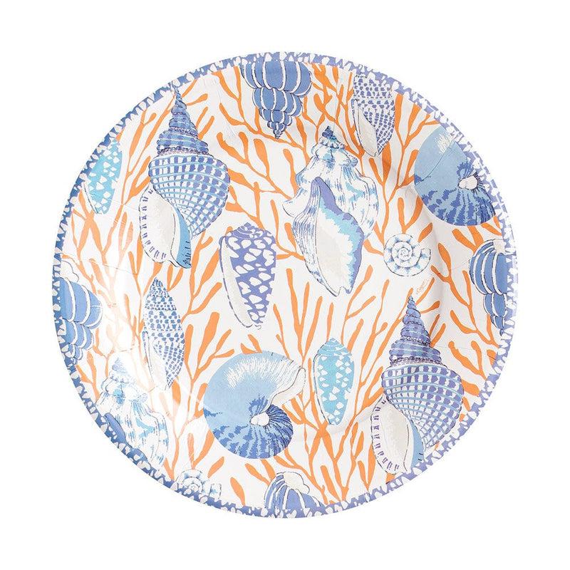 Caspari Shell Toile Salad & Dessert Plates In Coral & Blue - 8 Per Package