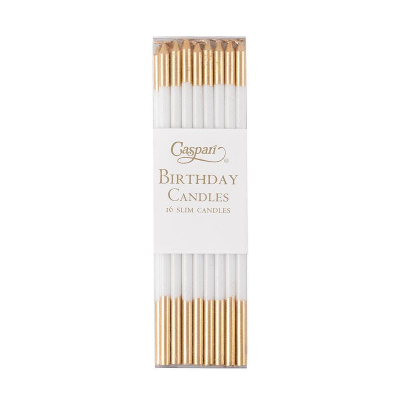 caspari Slim Birthday Candles in White & Gold - 16 Candles Per Package