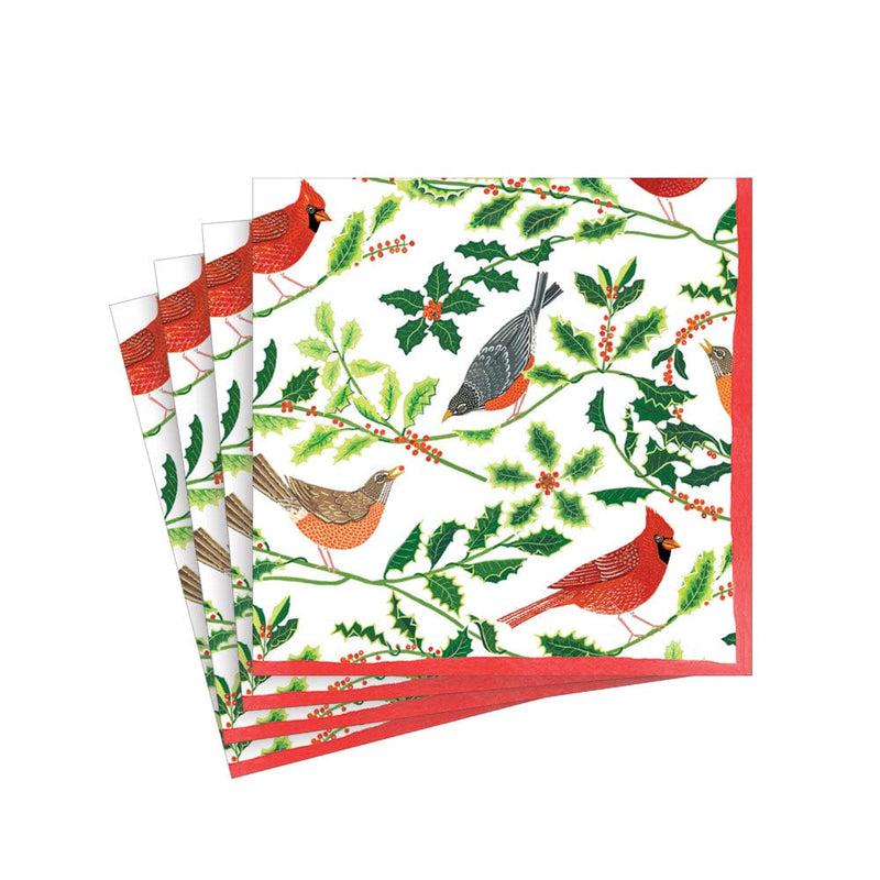 Caspari Songbirds And Holly Paper Cocktail Napkins In White - 20 Per Package