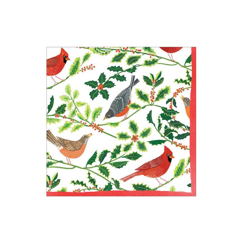 caspari Songbirds and Holly Paper Cocktail Napkins in White - 20 Per Package