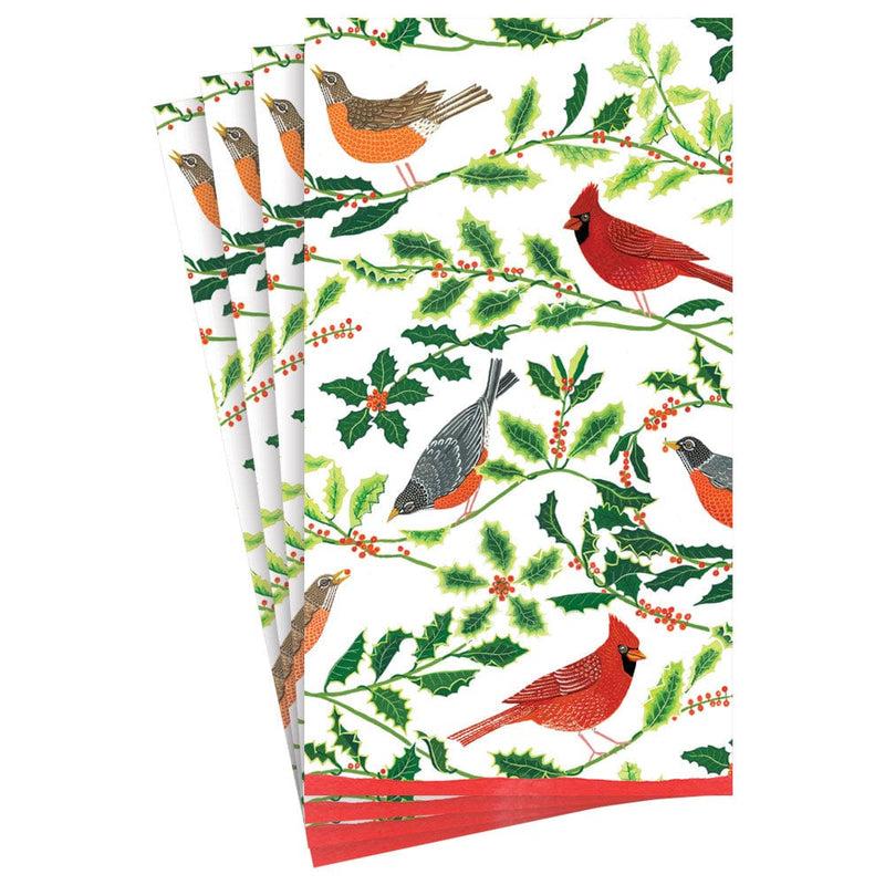 Caspari Songbirds And Holly Paper Guest Towel Napkins In White - 15 Per Package