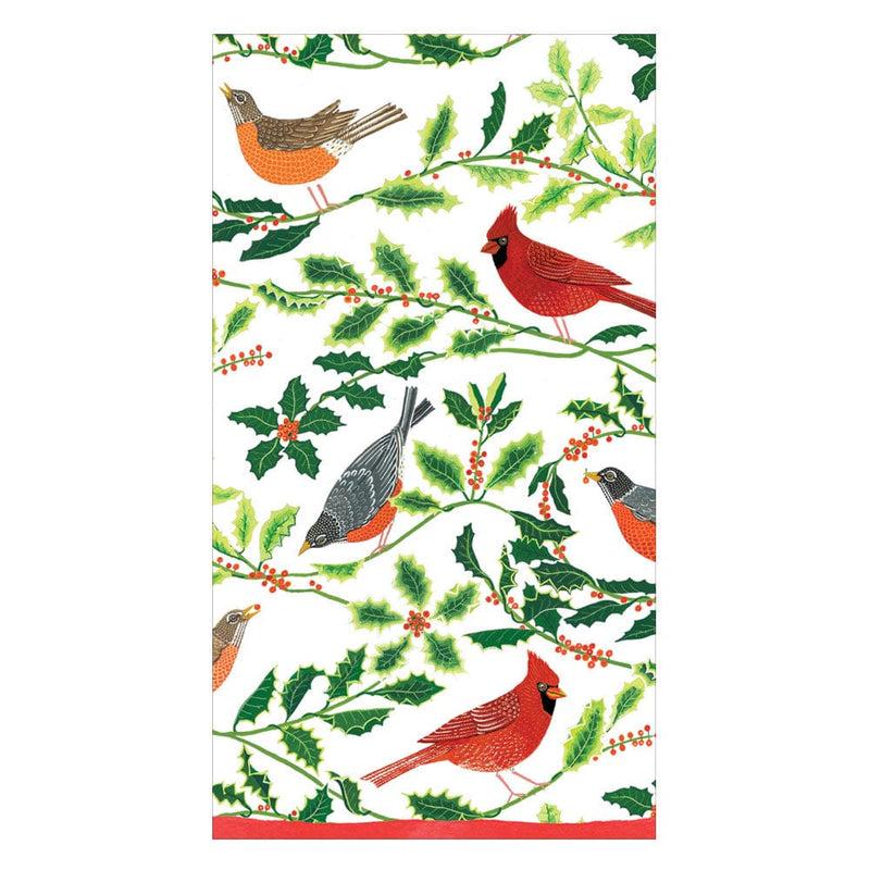 caspari Songbirds and Holly Paper Guest Towel Napkins in White - 15 Per Package