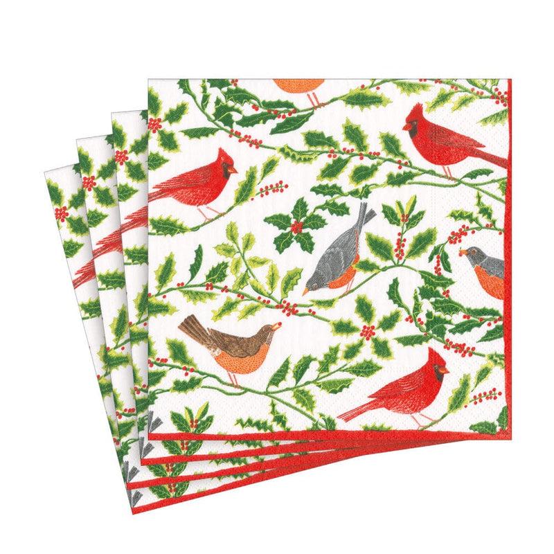 Caspari Songbirds And Holly Paper Luncheon Napkins In White - 20 Per Package