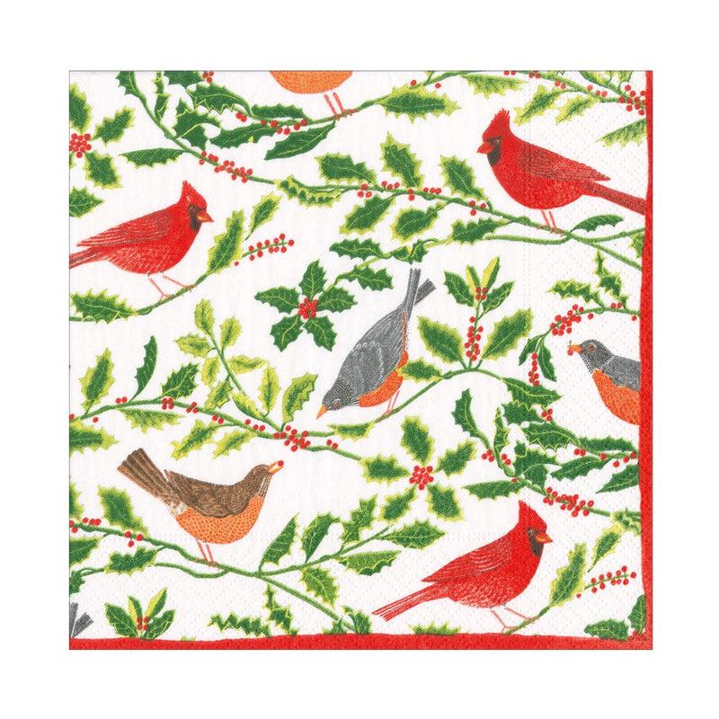 caspari Songbirds and Holly Paper Luncheon Napkins in White - 20 Per Package