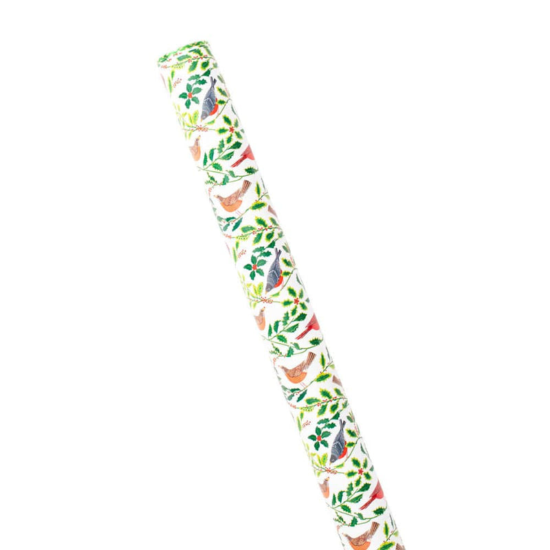 Caspari Songbirds And Holly White Gift Wrapping Paper - 30" X 8' Roll