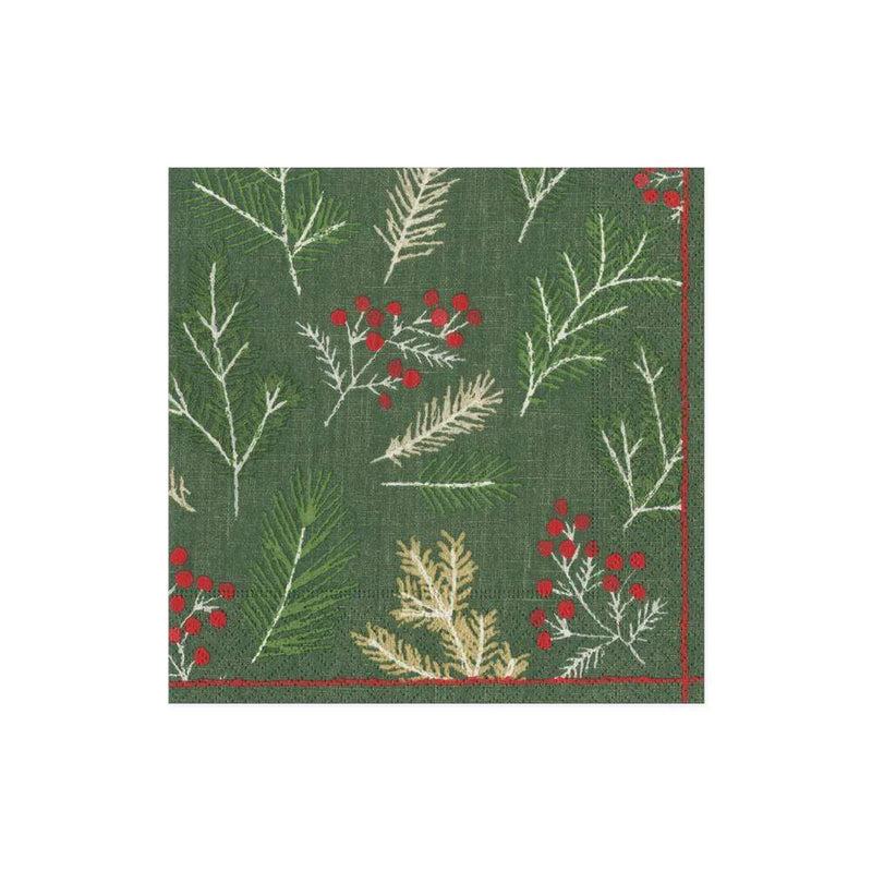 Caspari Sprigs And Berries Paper Cocktail Napkins In Evergreen - 20 Per Package