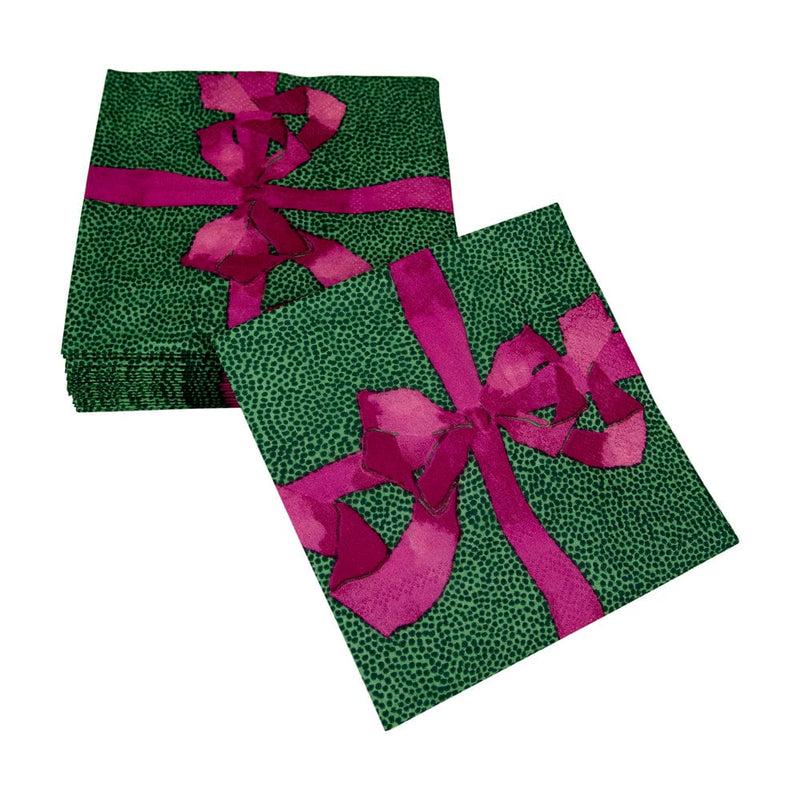 Caspari Tied With A Bow Green & Plum Cocktail Napkins - 20 Per Package