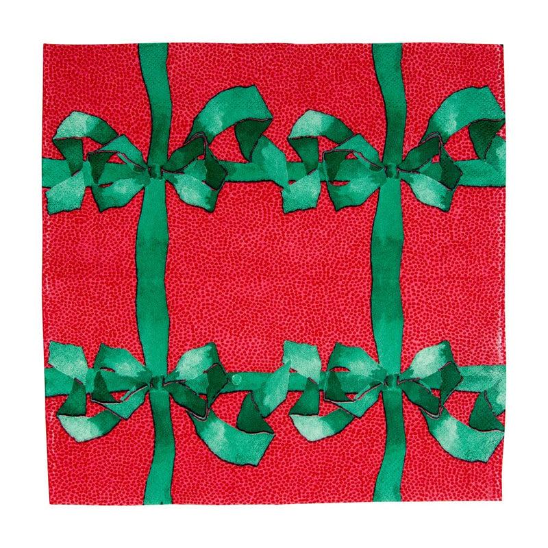 Caspari Tied With A Bow Red & Spruce Cocktail Napkins - 20 Per Package