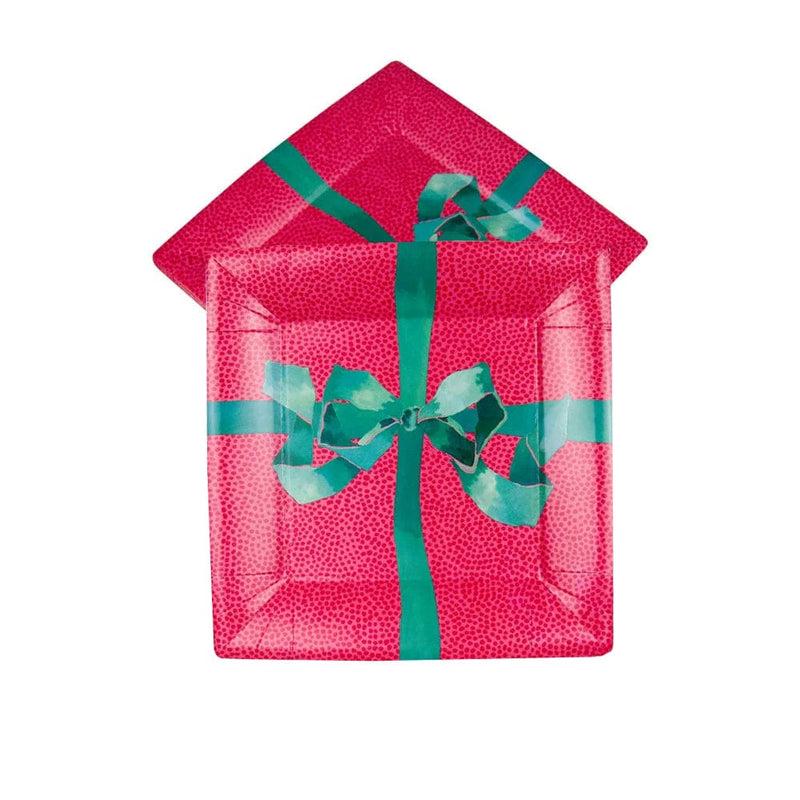 Caspari Tied With A Bow Red & Spruce Sq Salad & Dessert Plates - 8 Per Package