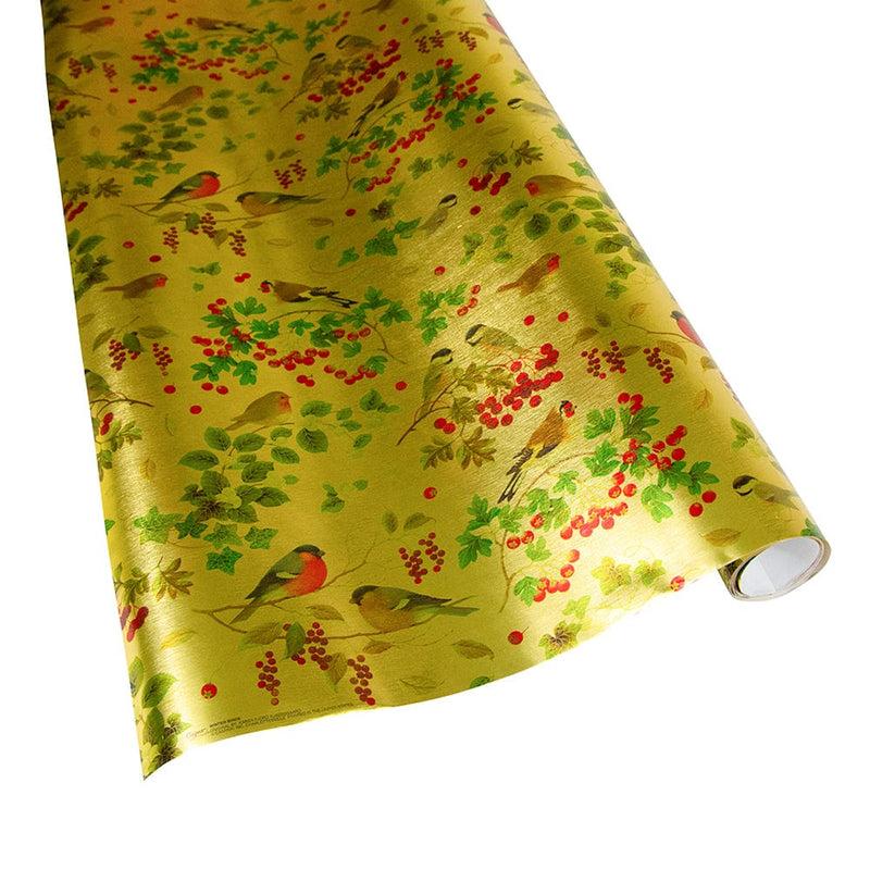 caspari Winter Birds Gold Embossed Foil Gift Wrap - One 30" x 6' Roll