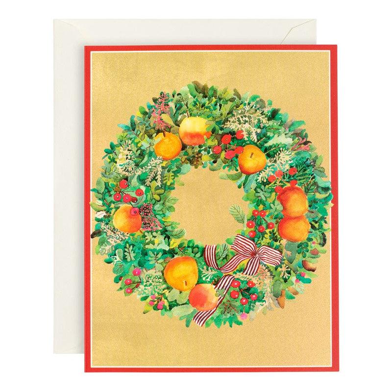 caspari Wreath with Stripe Bow Large Boxed Christmas Cards - 15 Cards & 15 Envelopes