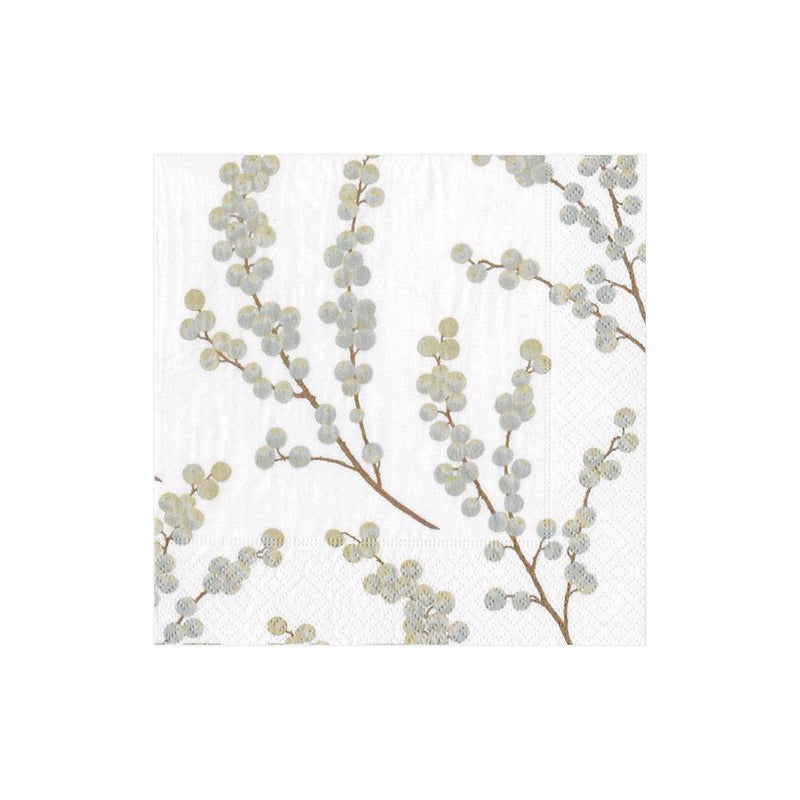 caspari Berry Branches Paper Cocktail Napkins in White & Silver - 20 Per Package