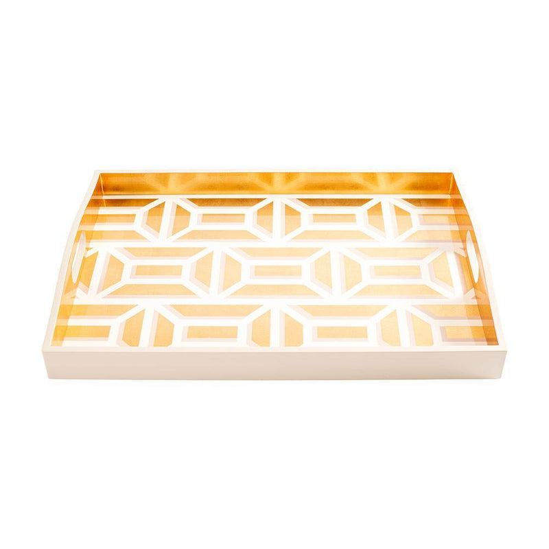 Caspari Garden Gate Lacquer Large Rectangle Tray In White & Gold - 1 Each