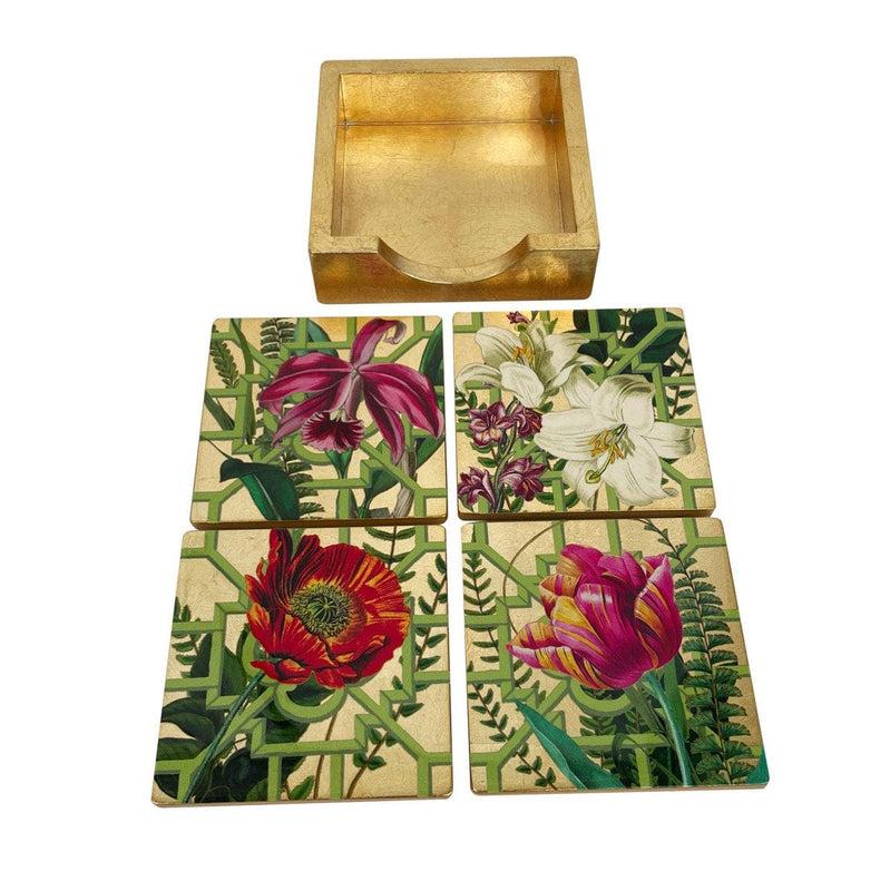 Caspari La Dolce Vita Gold Lacquer Coasters - Set Of 4 Coasters In Holder