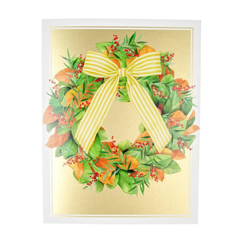 caspari Magnolia Wreath With Striped Bow Large Personalized Christmas Cards