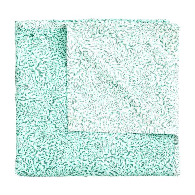 Caspari Reversible Kantha Table Cover In Green Block Print Leaves - 1 Each