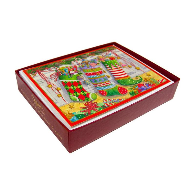 Caspari Three Stockings Boxed Christmas Cards - 15 Christmas Cards & 15 Envelopes